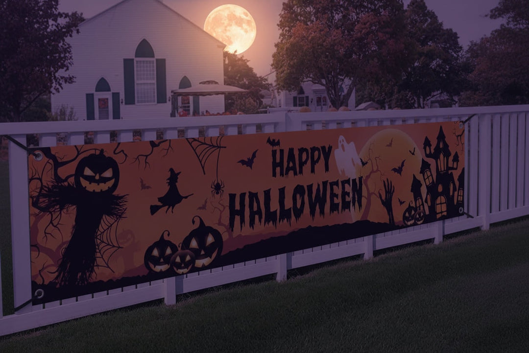 Halloween banner groot buitendecoratie met pompoenen heks en vleermuizen voor de tuin