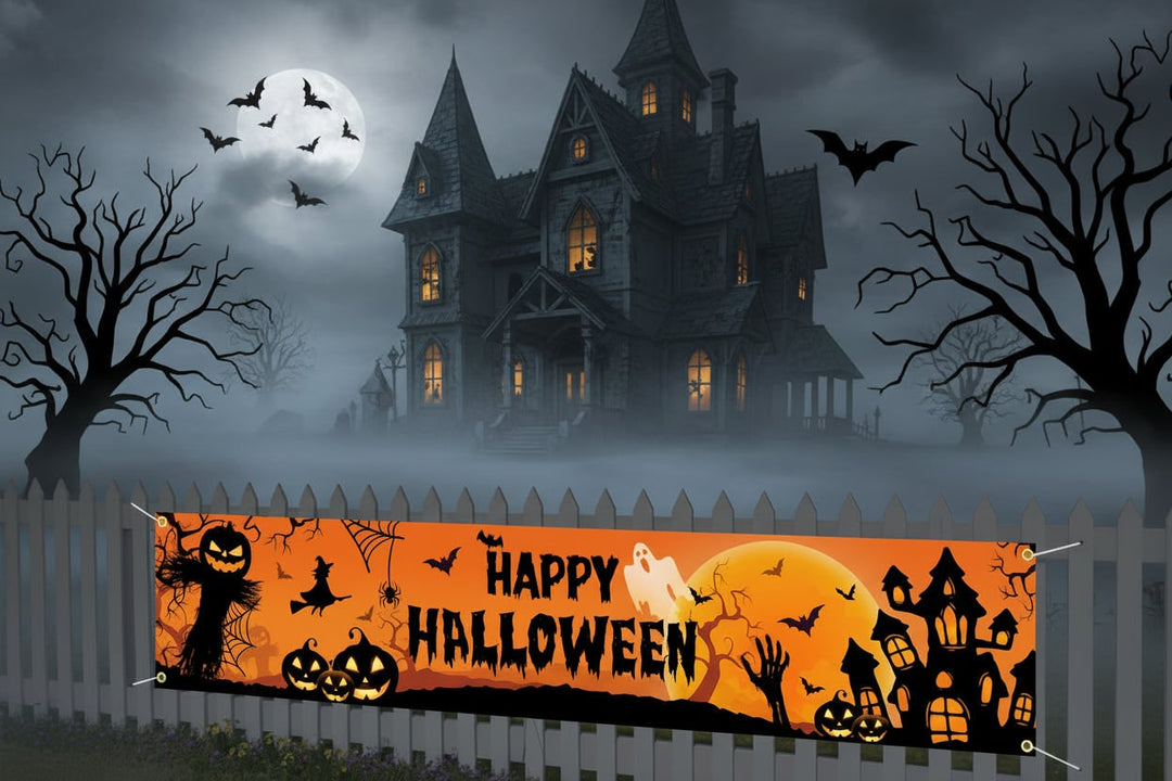 Halloween banner groot buitendecoratie met pompoenen heks en vleermuizen voor de tuin