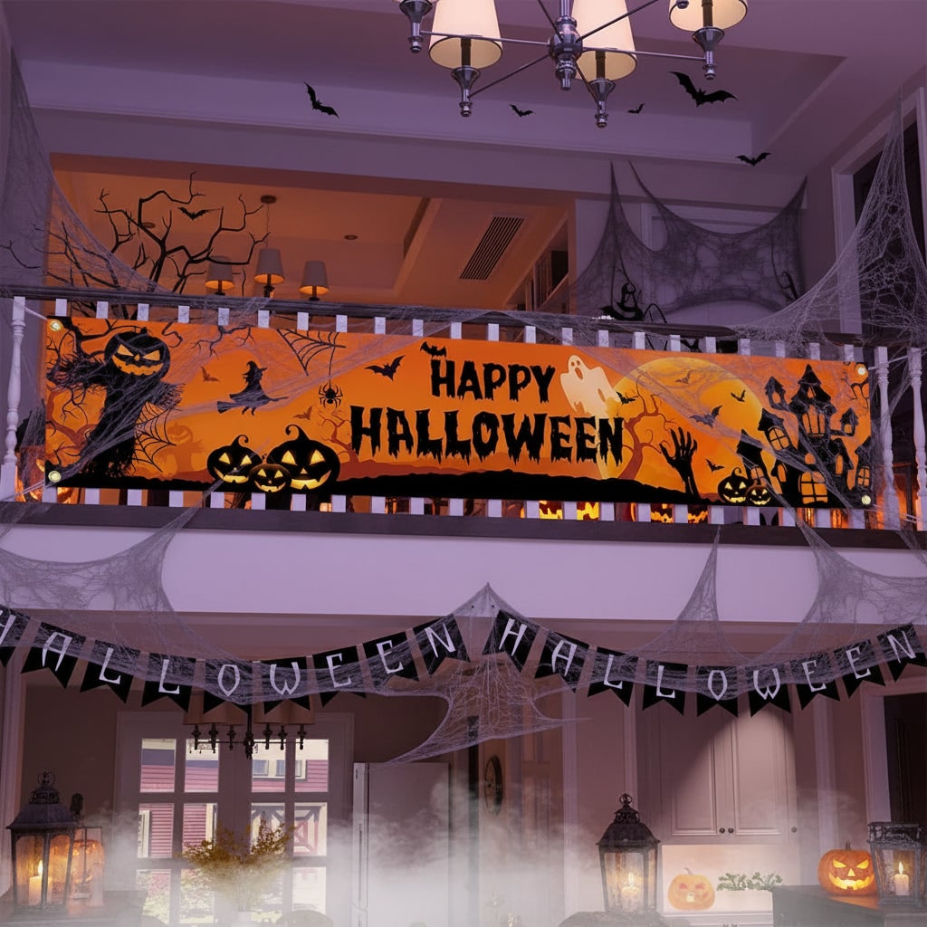 Halloween banner groot buitendecoratie met pompoenen heks en vleermuizen voor de tuin