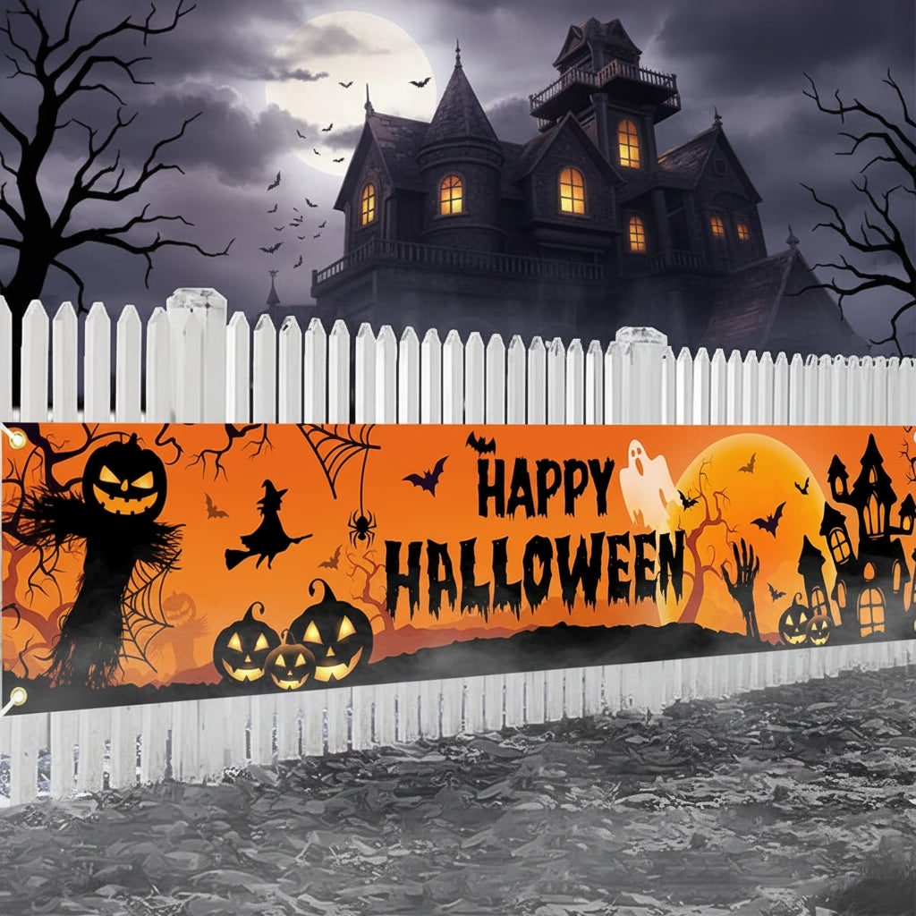 Halloween banner groot buitendecoratie met pompoenen heks en vleermuizen voor de tuin