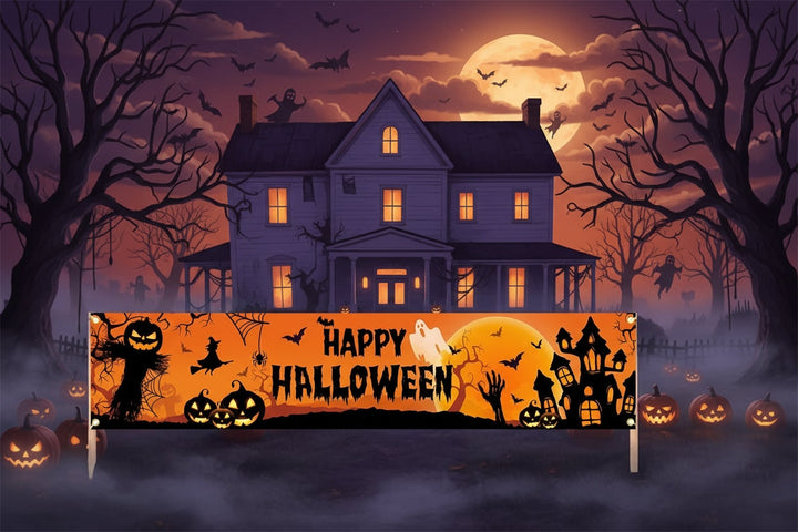 Halloween banner groot buitendecoratie met pompoenen heks en vleermuizen voor de tuin