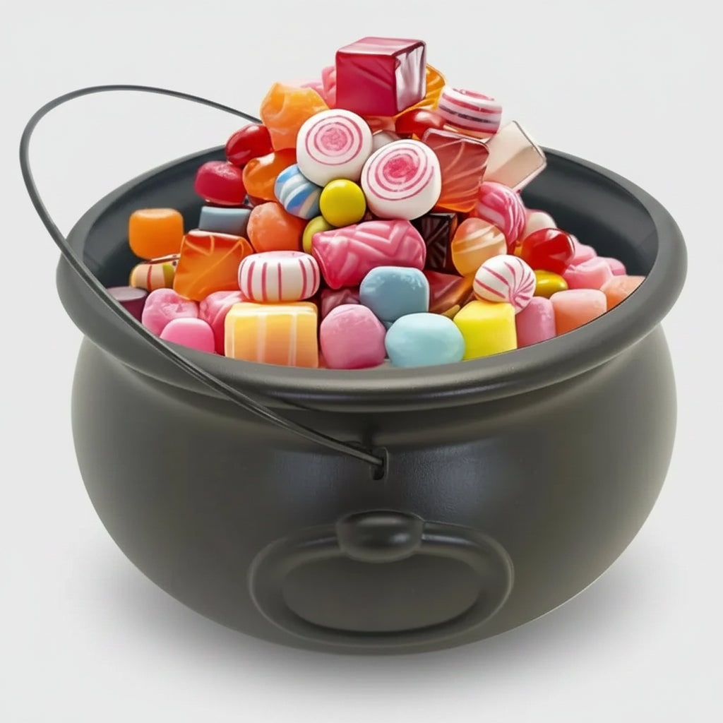 Halloween snoepemmer in de vorm van een ketel met heksenhandvat voor het bewaren van snoep en feestdecoratie