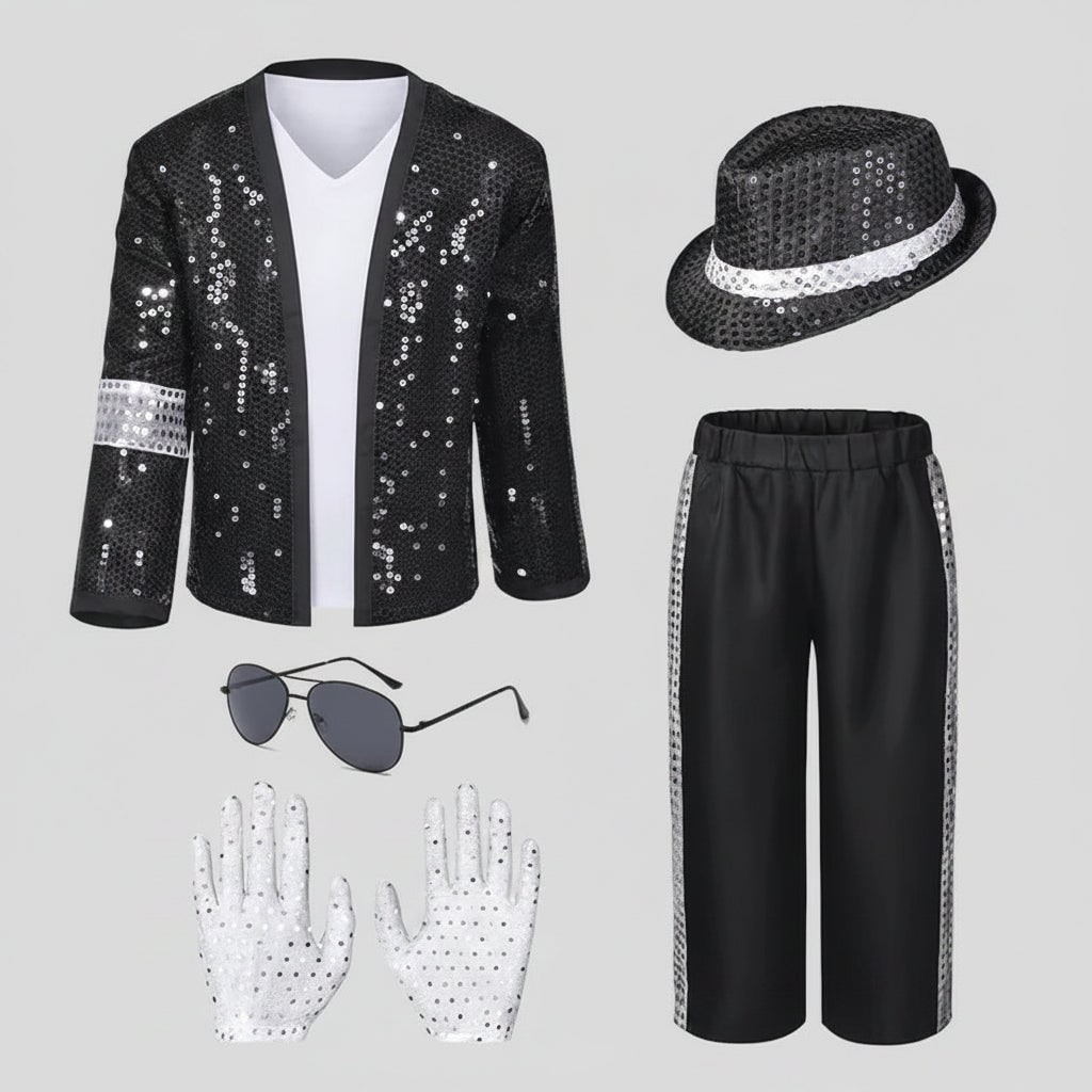 Halloween danskostuum Michael Jackson outfit met pailletten jasje fedora hoed en handschoenen voor feest