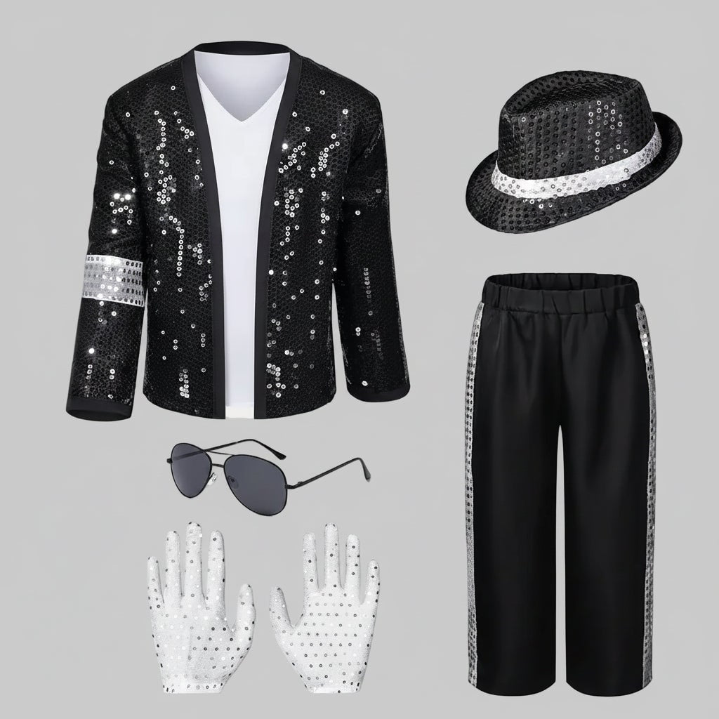 Halloween danskostuum Michael Jackson outfit met pailletten jasje fedora hoed en handschoenen voor feest