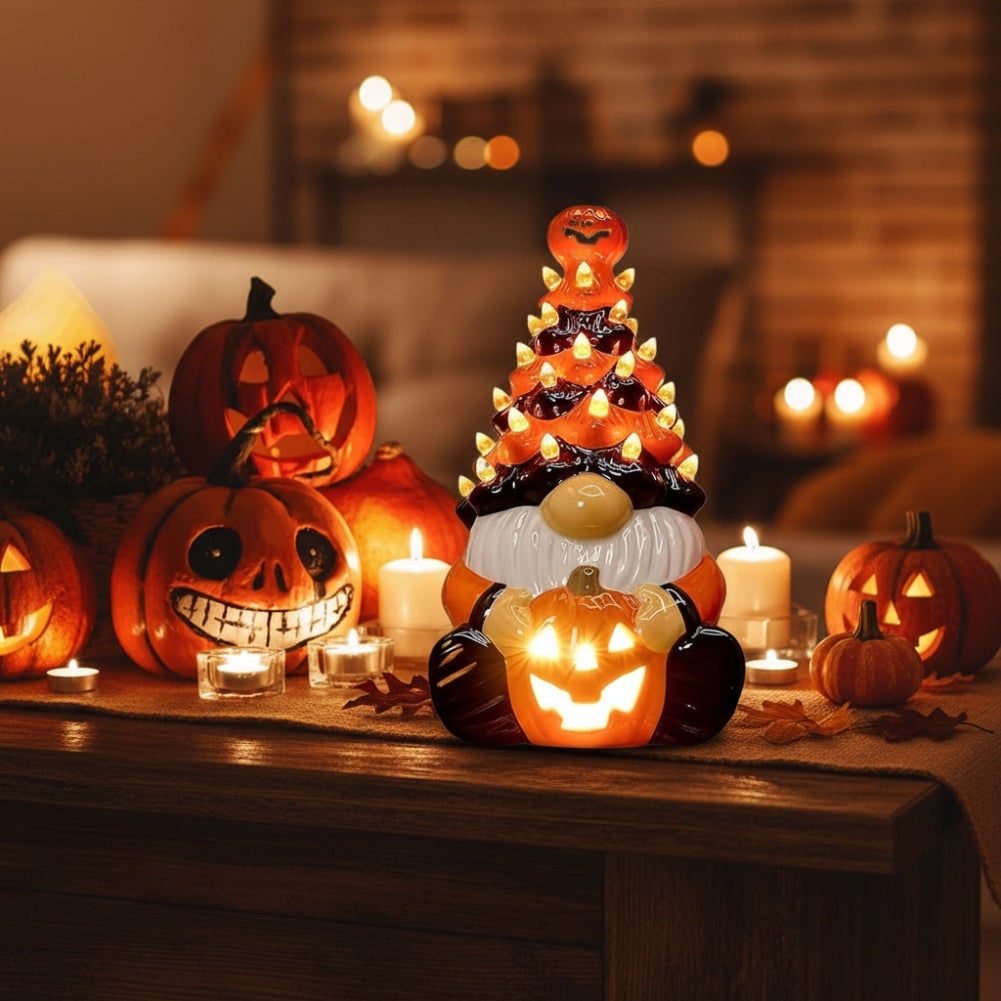 Halloween decoratie keramische kabouter boom met LED-verlichting op batterijen tafelbeeldje