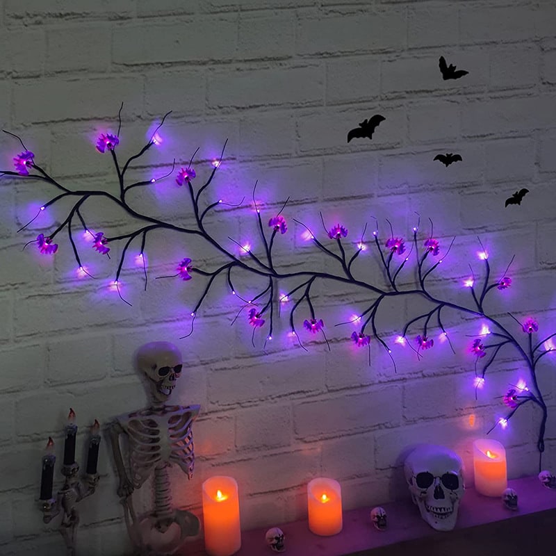 Halloweenslinger met verlichting, led-twijgen op batterijen voor schoorsteenmantel en buitendecoratie