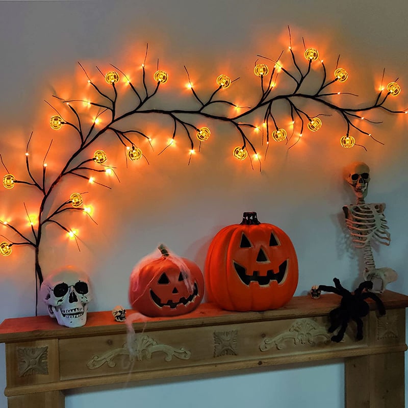 Halloweenslinger met verlichting, led-twijgen op batterijen voor schoorsteenmantel en buitendecoratie