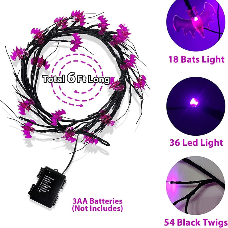 Halloweenslinger met verlichting, led-twijgen op batterijen voor schoorsteenmantel en buitendecoratie