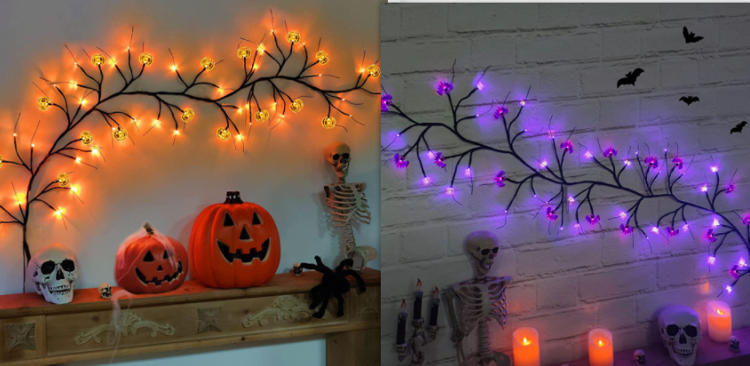 Halloweenslinger met verlichting, led-twijgen op batterijen voor schoorsteenmantel en buitendecoratie