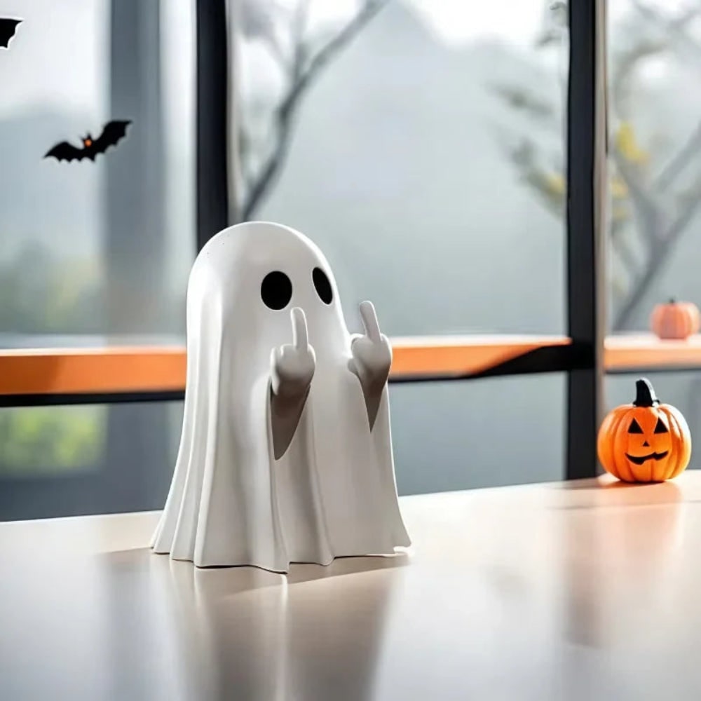 Halloween-spookdecoratie, tafelbeeldje met opgestoken middelvinger, opblaasbaar