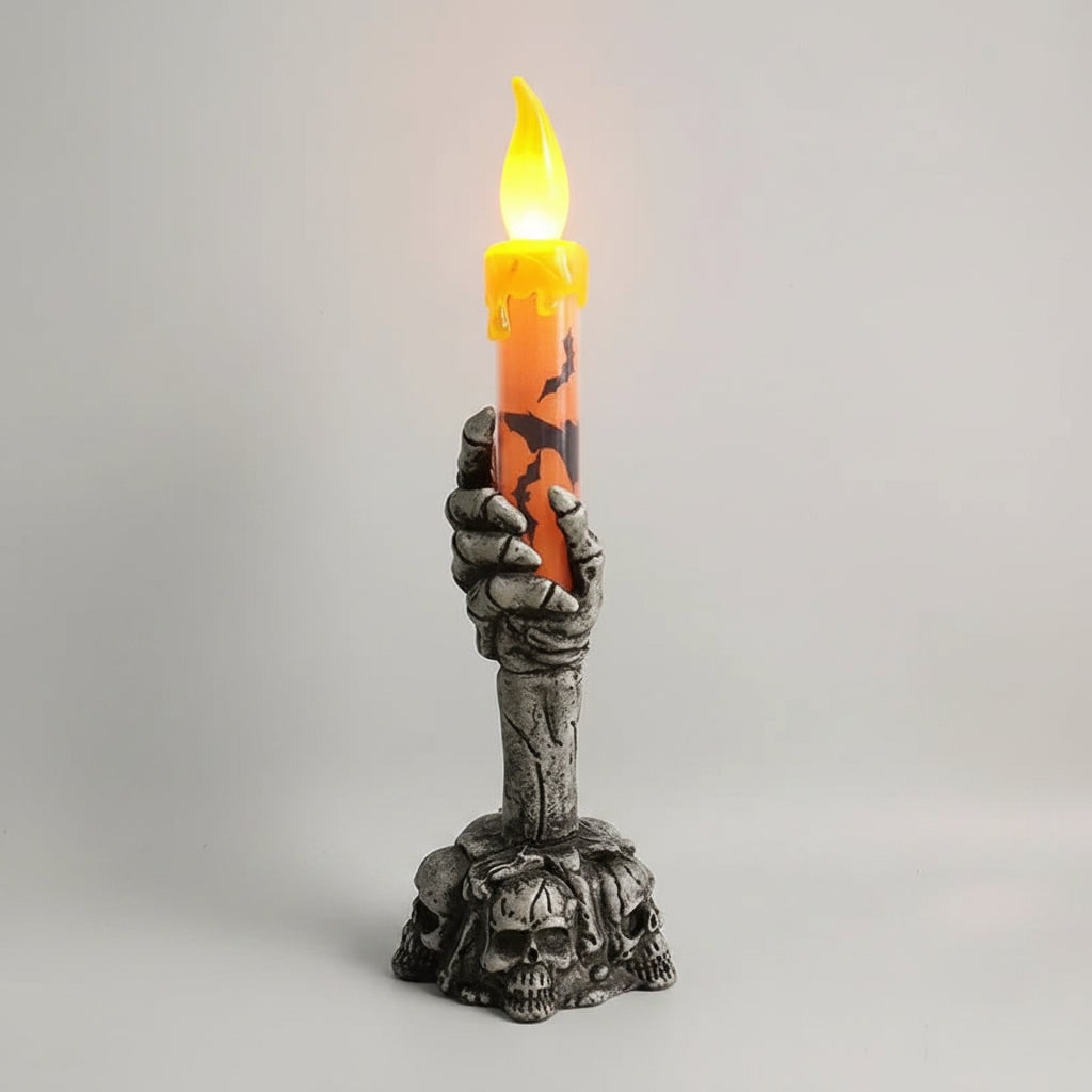 Halloween handgegoten sojakaarsen met skeletthouder en LED-vlamlicht voor feestdecoratie