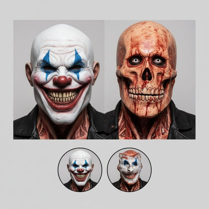 Halloween peel-off masker creepy clown en schedel dubbellaags latex kostuum