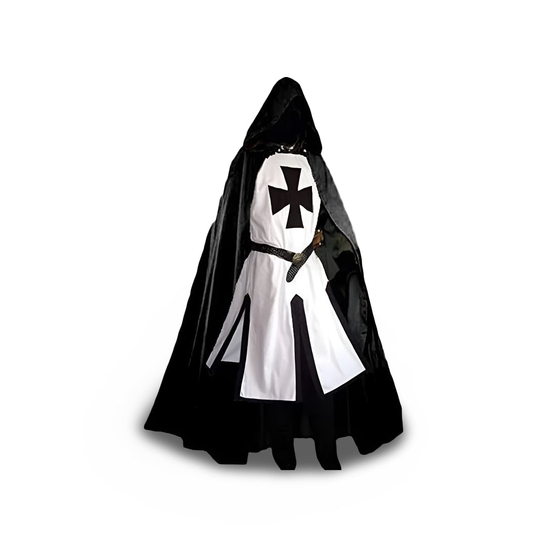 Halloween middeleeuwse ridderkostuumtuniek met capuchon en tempeliërskruis voor cosplayfeestjes