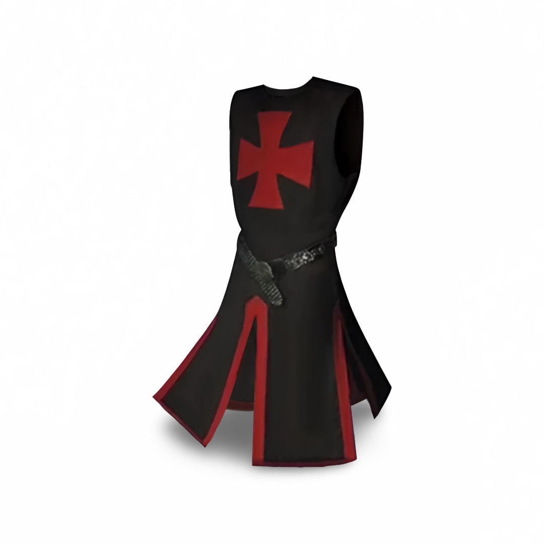 Halloween middeleeuwse ridderkostuumtuniek met capuchon en tempeliërskruis voor cosplayfeestjes