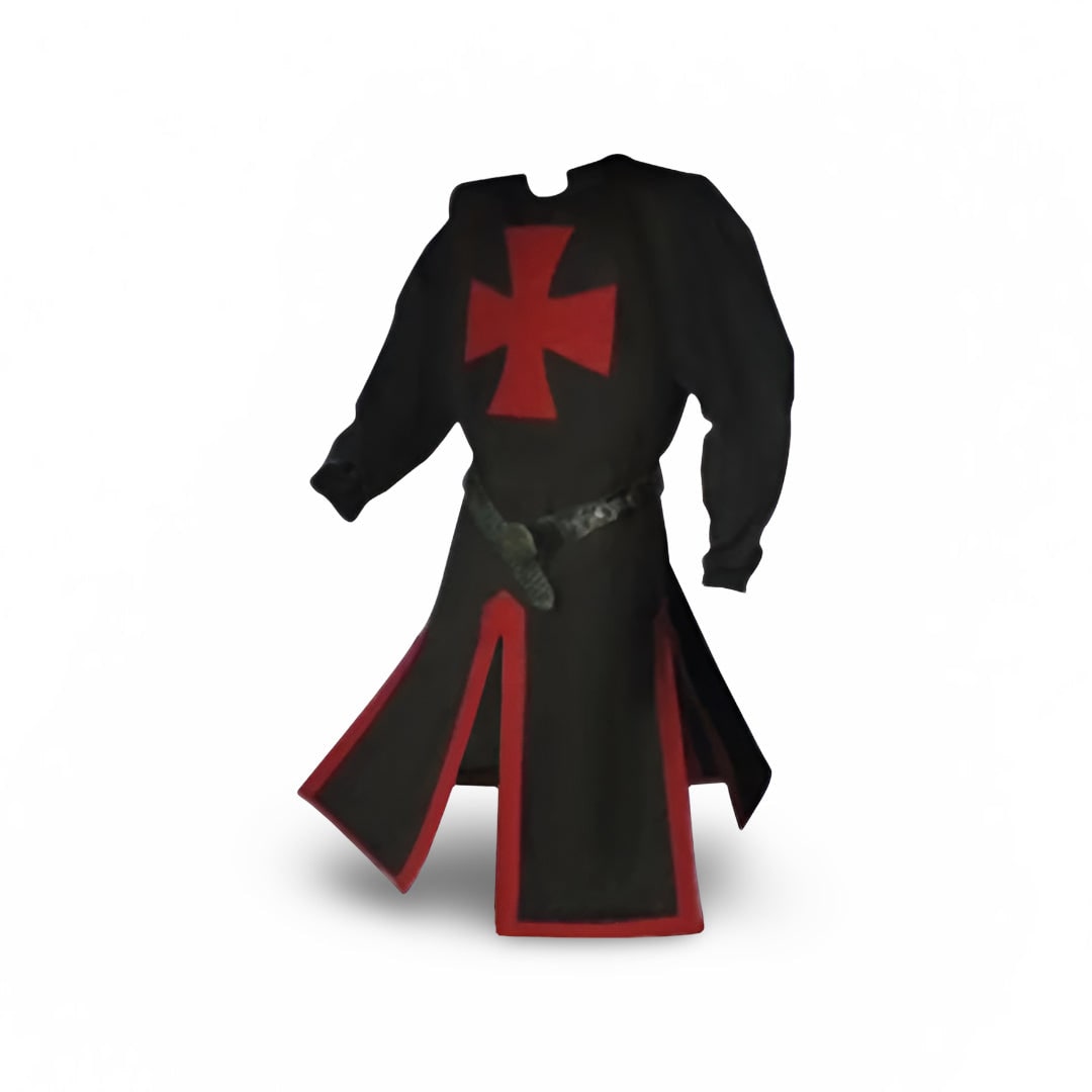 Halloween middeleeuwse ridderkostuumtuniek met capuchon en tempeliërskruis voor cosplayfeestjes
