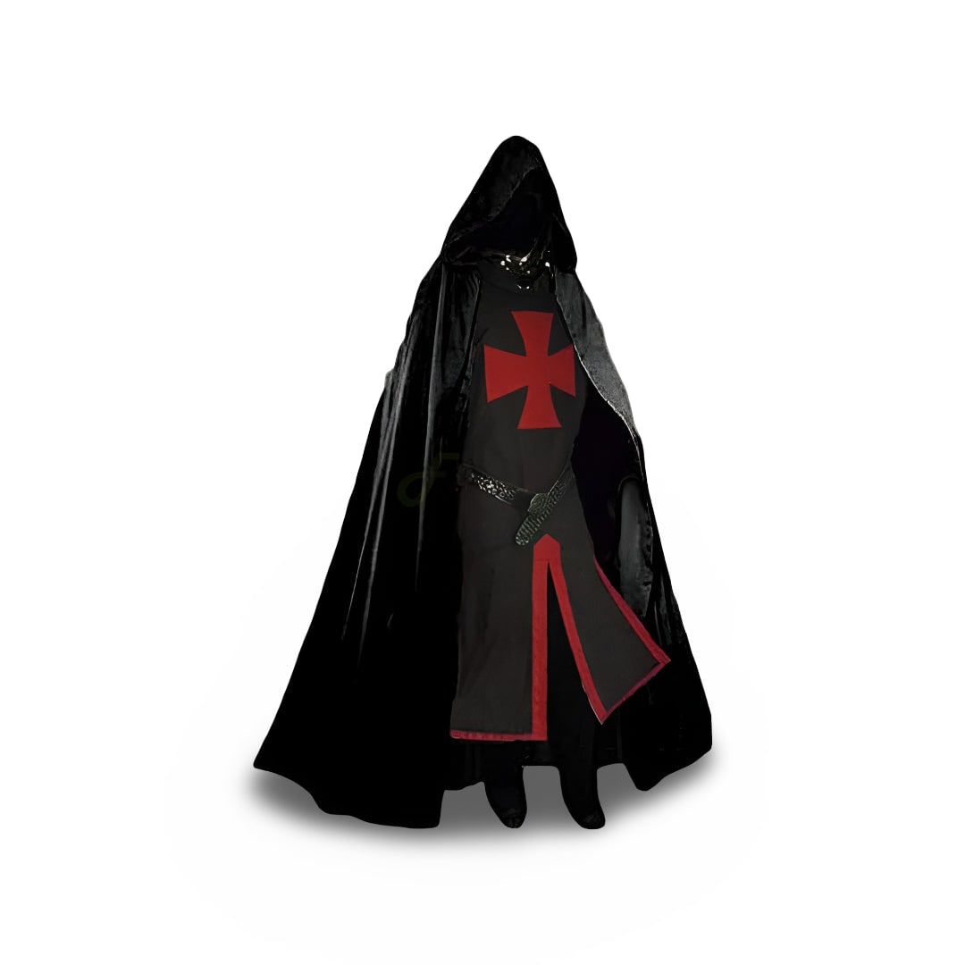 Halloween middeleeuwse ridderkostuumtuniek met capuchon en tempeliërskruis voor cosplayfeestjes
