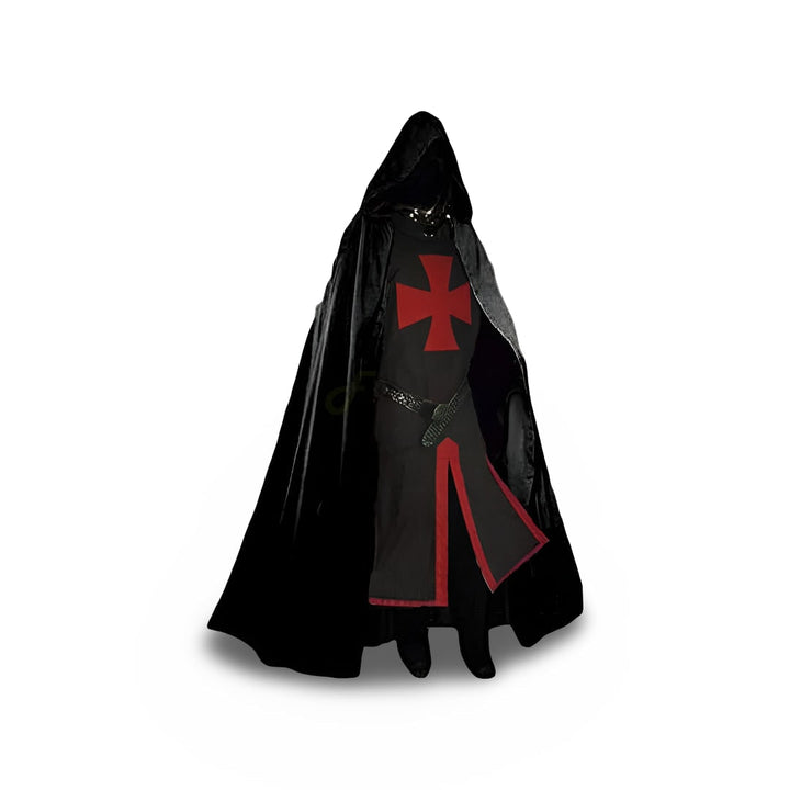 Halloween middeleeuwse ridderkostuumtuniek met capuchon en tempeliërskruis voor cosplayfeestjes