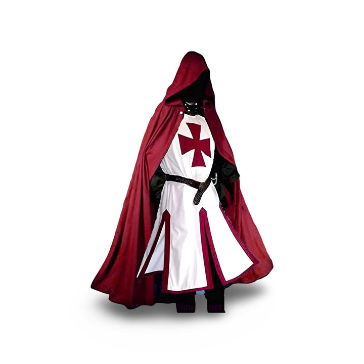 Halloween middeleeuwse ridderkostuumtuniek met capuchon en tempeliërskruis voor cosplayfeestjes