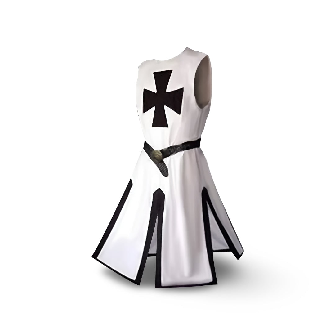 Halloween middeleeuwse ridderkostuumtuniek met capuchon en tempeliërskruis voor cosplayfeestjes