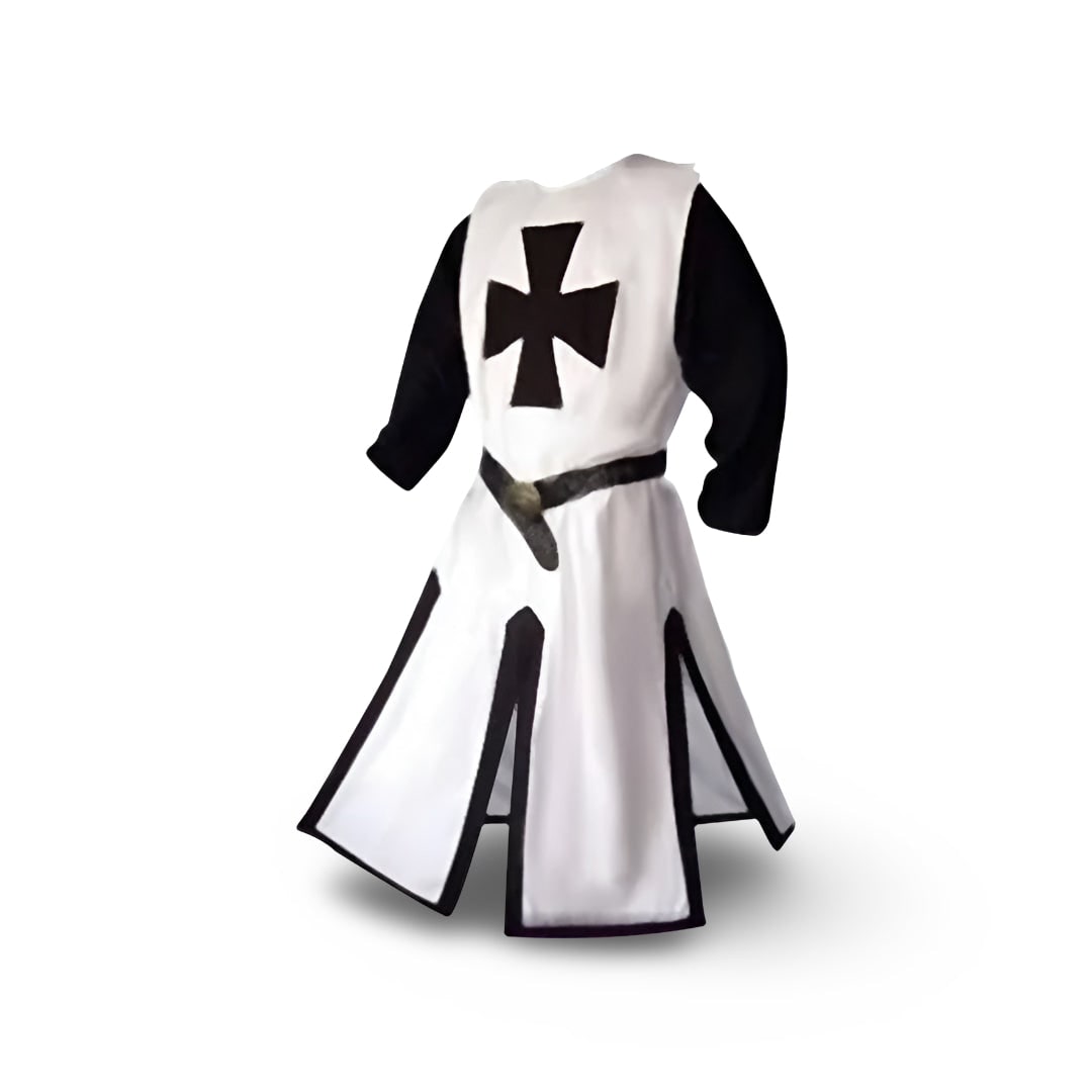 Halloween middeleeuwse ridderkostuumtuniek met capuchon en tempeliërskruis voor cosplayfeestjes