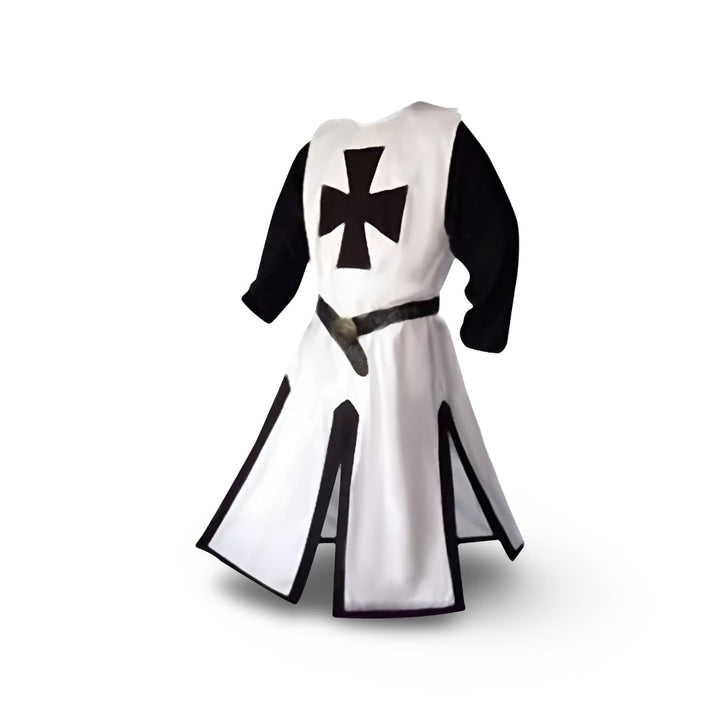 Halloween middeleeuwse ridderkostuumtuniek met capuchon en tempeliërskruis voor cosplayfeestjes