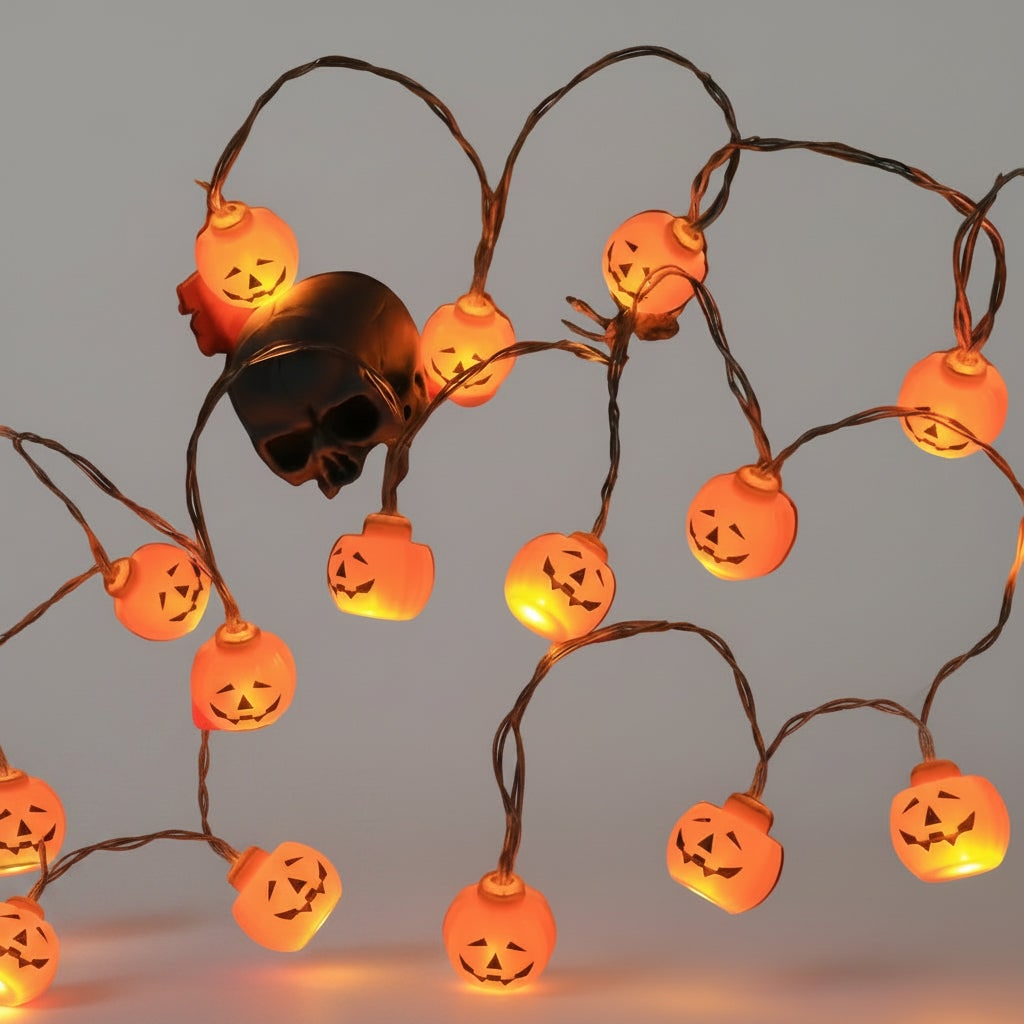 Halloween buitenlichtsnoer op batterijen met LED en griezelige decoratieve kapjes voor terras en feest