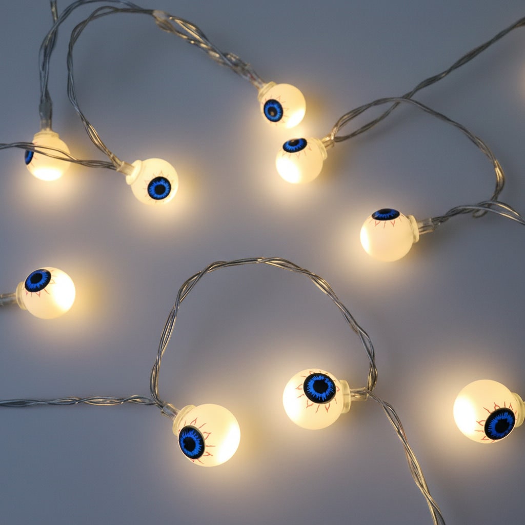 Halloween buitenlichtsnoer op batterijen met LED en griezelige decoratieve kapjes voor terras en feest