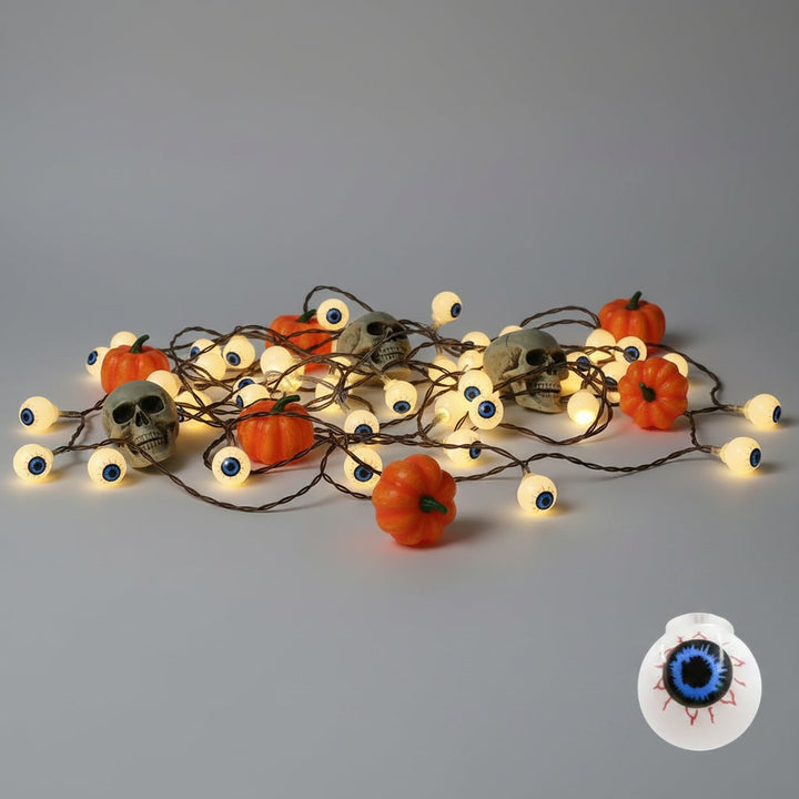 Halloween buitenlichtsnoer op batterijen met LED en griezelige decoratieve kapjes voor terras en feest