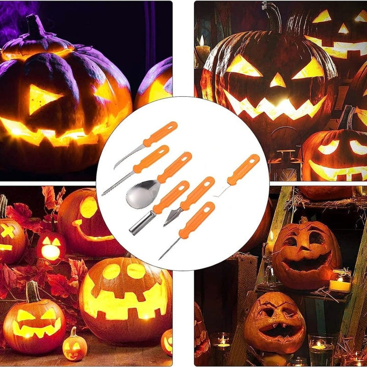 Halloween pompoensnijset en gereedschap met roestvrijstalen messen en getande zaag als benodigdheden