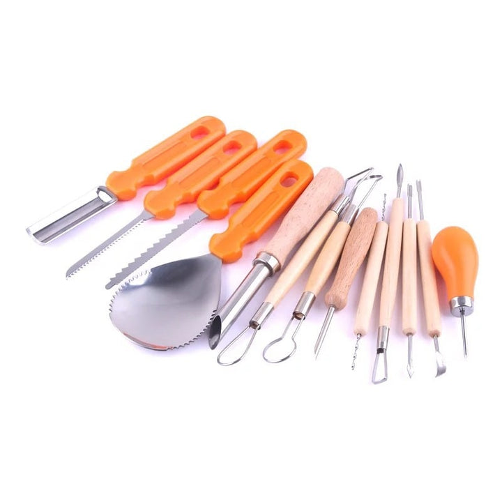 Halloween pompoenensnijset en gereedschap met roestvrijstalen zaag, lepel en opbergkoffer
