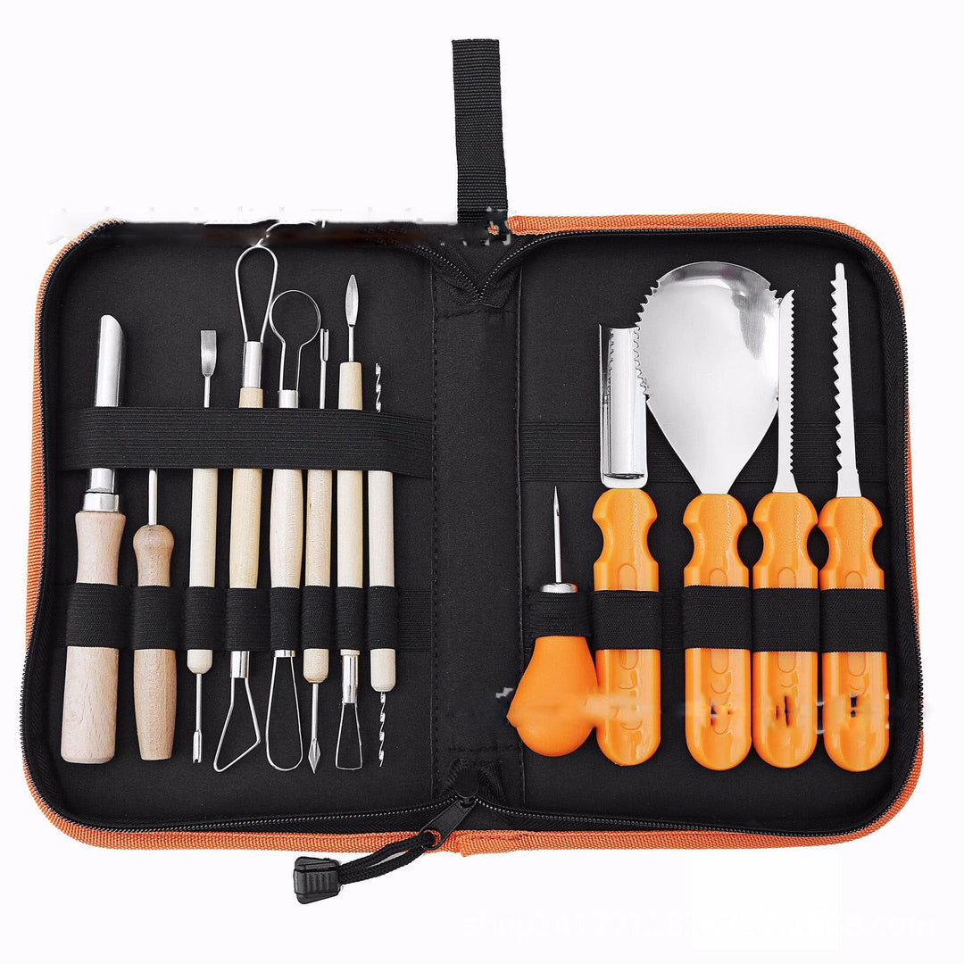Halloween pompoenensnijset en gereedschap met roestvrijstalen zaag, lepel en opbergkoffer