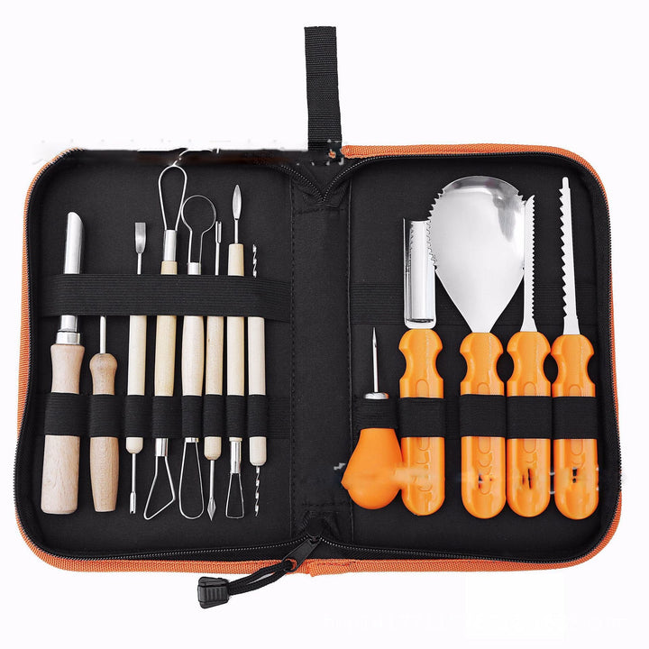Halloween pompoenensnijset en gereedschap met roestvrijstalen zaag, lepel en opbergkoffer
