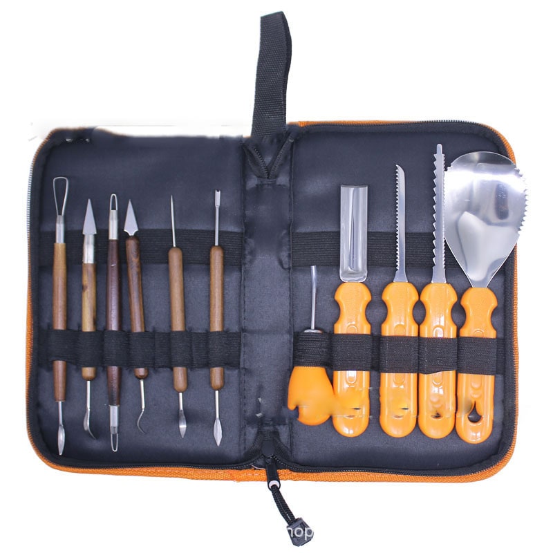 Halloween pompoenensnijset en gereedschap met roestvrijstalen zaag, lepel en opbergkoffer