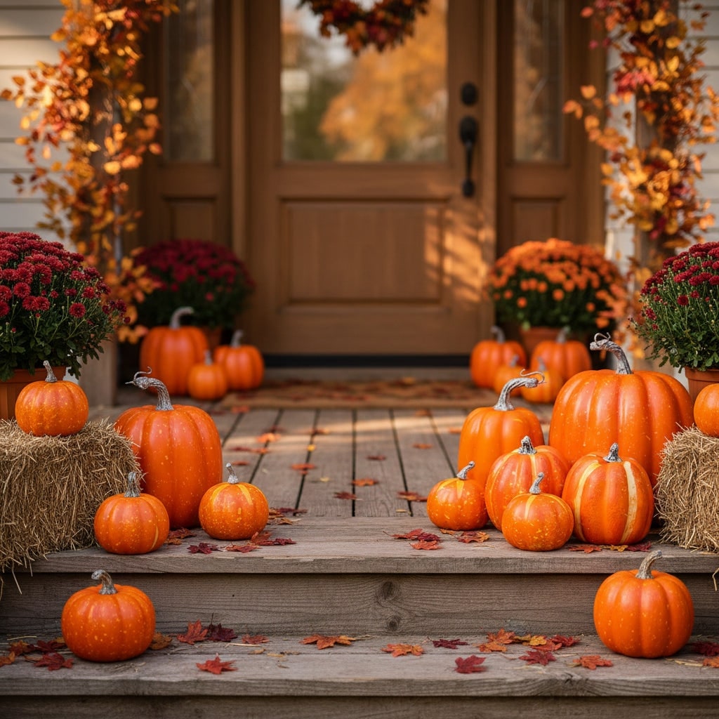 Halloween pompoenen herfstdecoratie schuim met geribbelde structuur en gebogen stelen set van 7