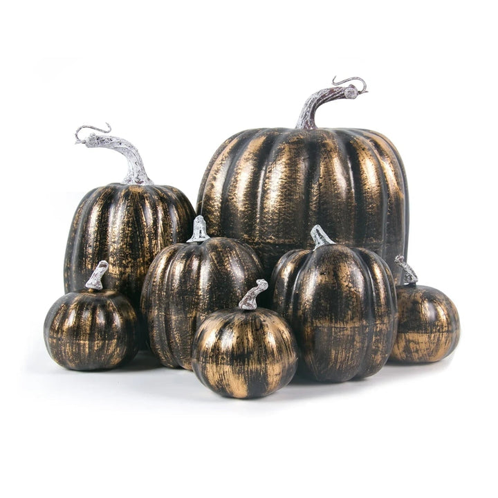 Halloween pompoenen herfstdecoratie schuim met geribbelde structuur en gebogen stelen set van 7