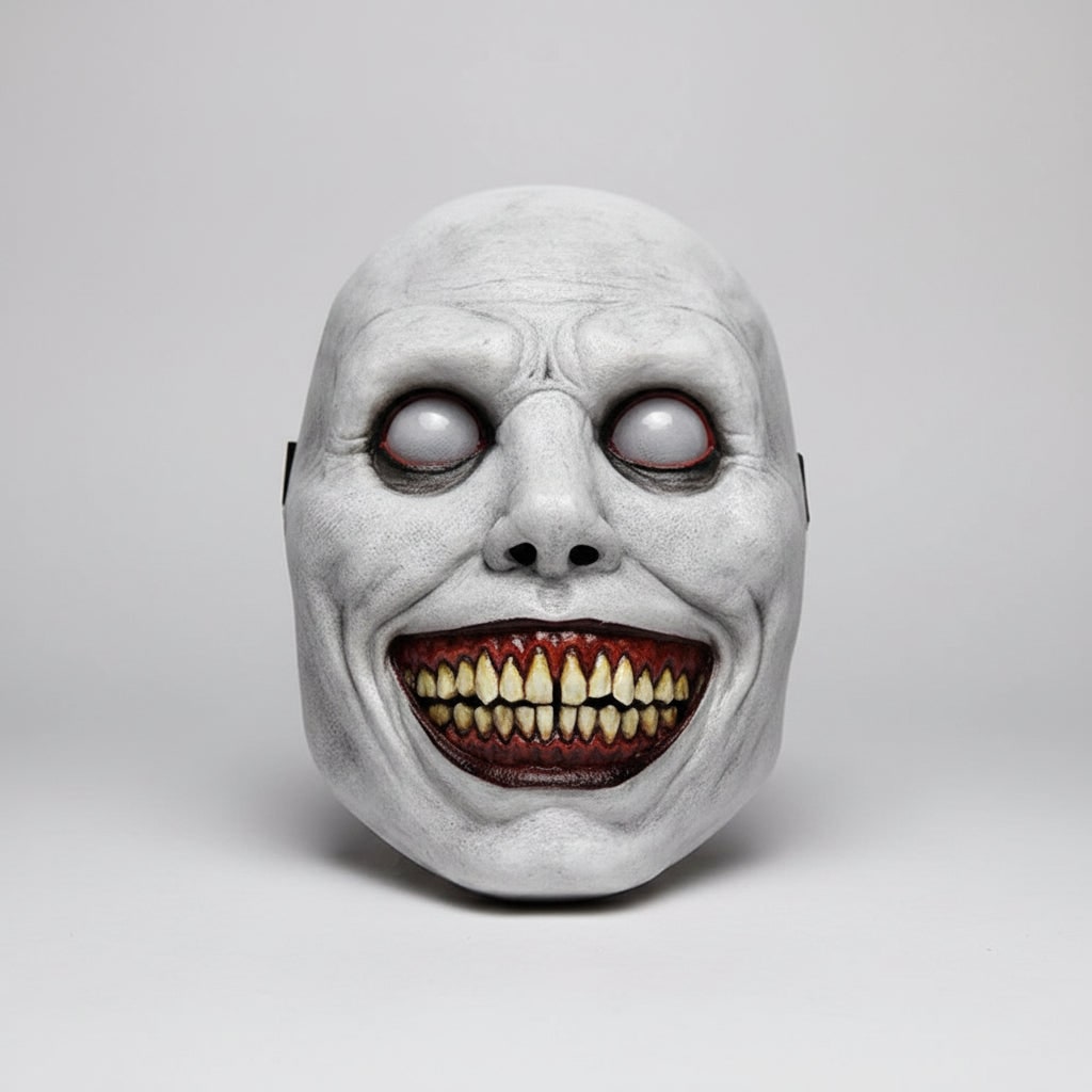 Eng Halloween kostuummasker met creepy demonengezicht met glimlach en gestructureerde gerimpelde huid voor feest