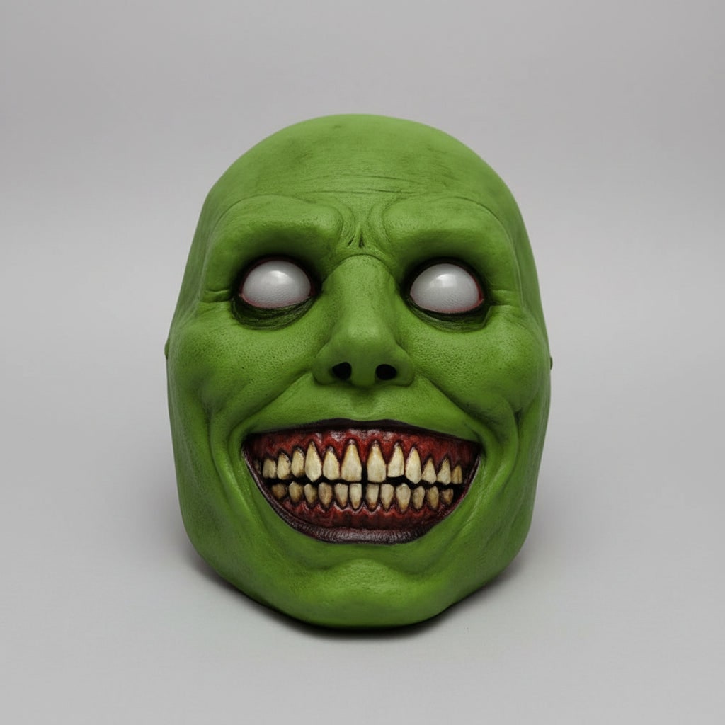 Eng Halloween kostuummasker met creepy demonengezicht met glimlach en gestructureerde gerimpelde huid voor feest