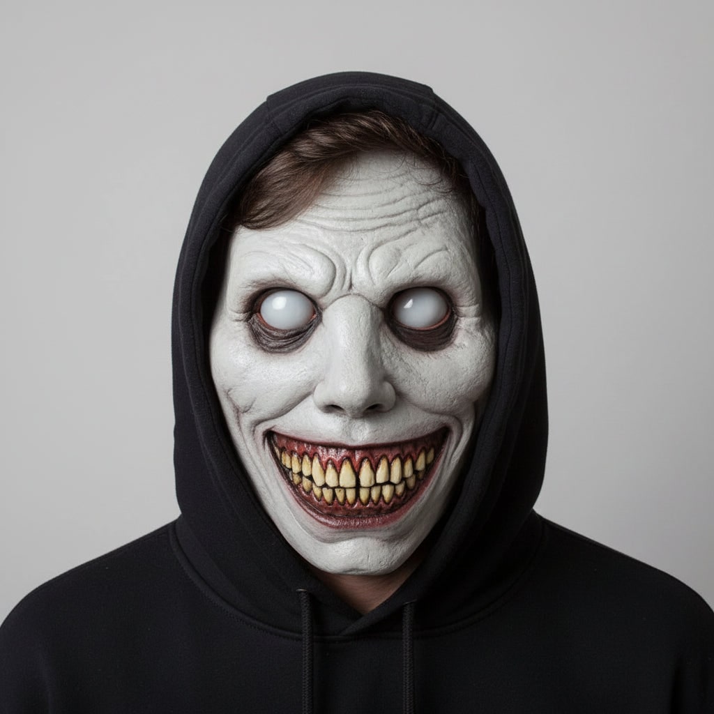Eng Halloween kostuummasker met creepy demonengezicht met glimlach en gestructureerde gerimpelde huid voor feest