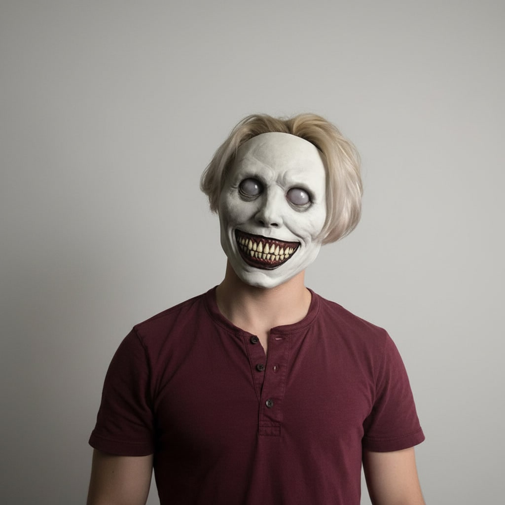 Eng Halloween kostuummasker met creepy demonengezicht met glimlach en gestructureerde gerimpelde huid voor feest