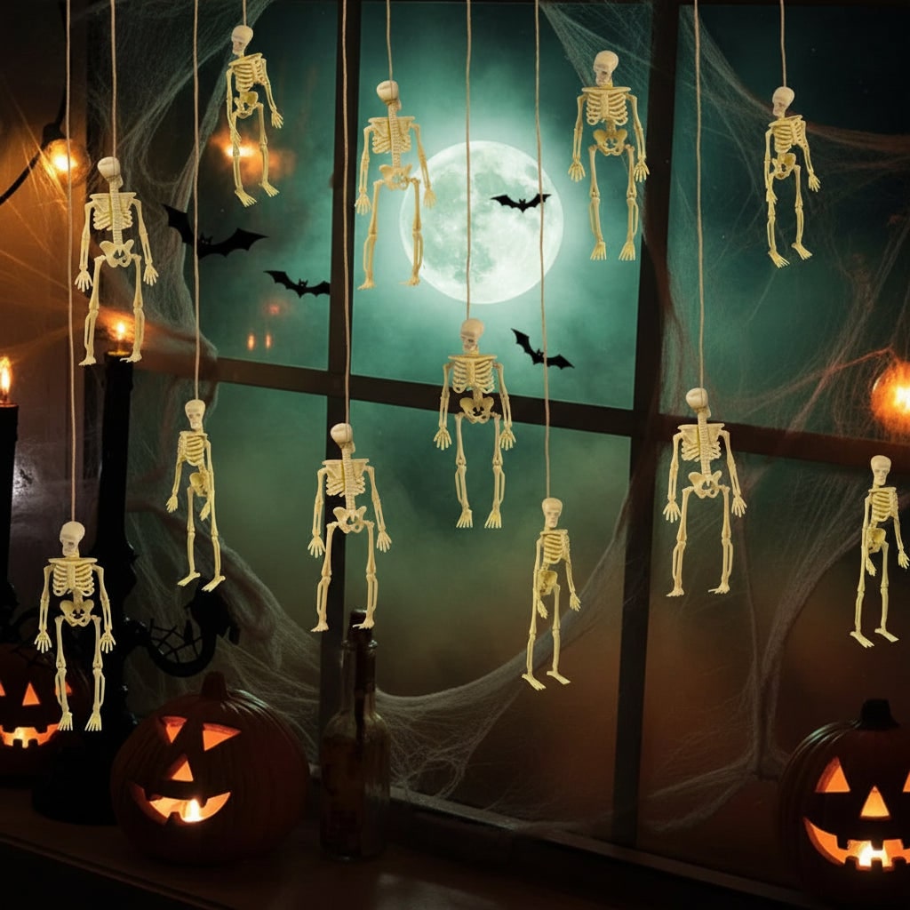 Halloween skeletdecoratie mini kunststof verstelbare figuurtjes met jutetouw voor feest en spookhuis