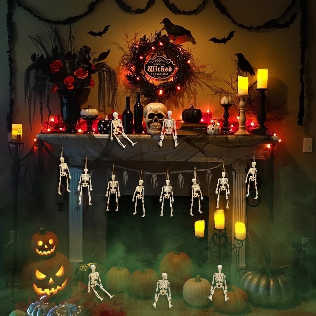 Halloween skeletdecoratie mini kunststof verstelbare figuurtjes met jutetouw voor feest en spookhuis