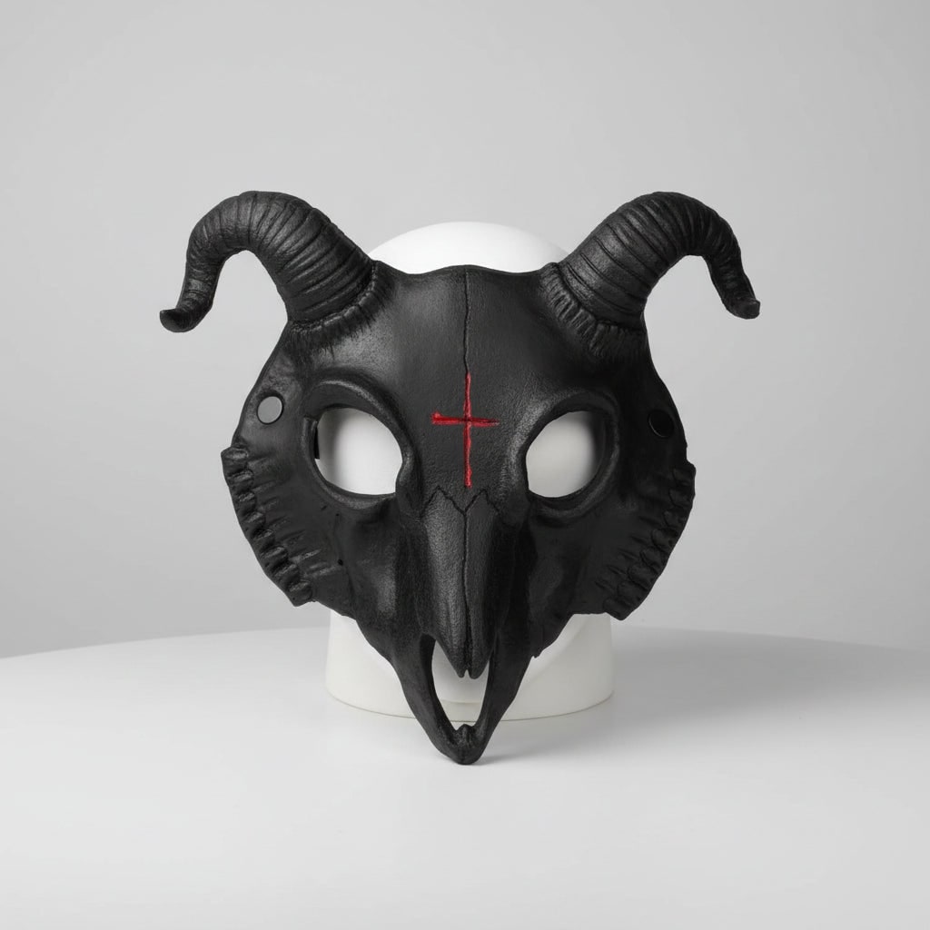 Halloween schedelmasker geitenontwerp met hoorns en omgekeerd kruis voor kostuumfeest en spookhuis