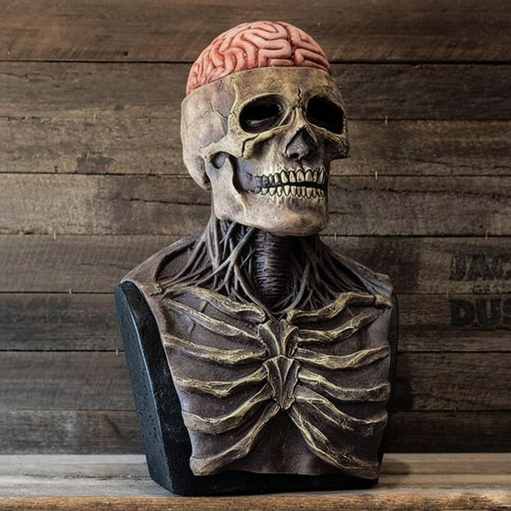 Halloween-schedelmasker met skeletborstplaat en blootliggende hersenen voor een eng feest