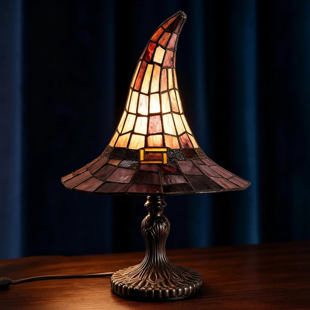 Halloween heksenhoed tafellamp met glas-in-loodkap