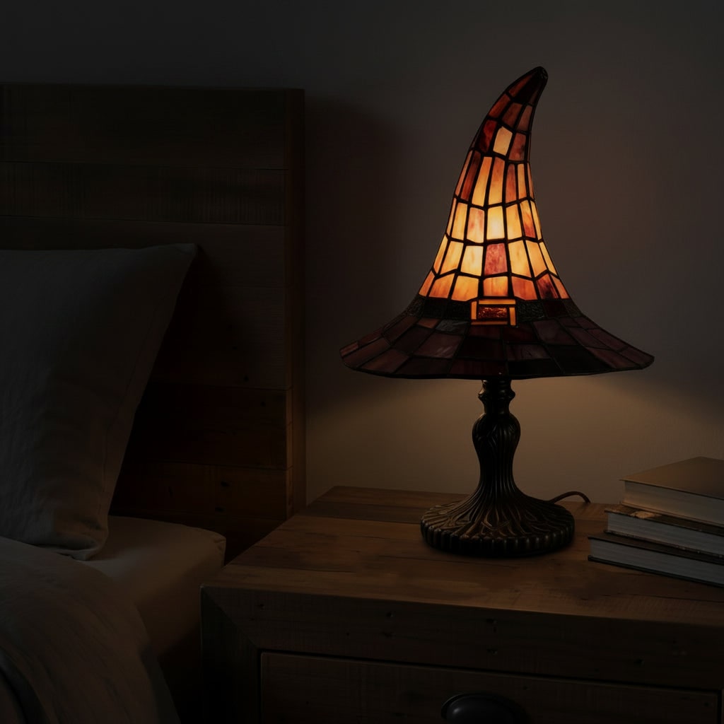 Halloween heksenhoed tafellamp met glas-in-loodkap