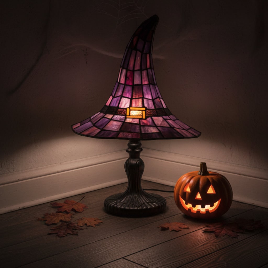 Halloween heksenhoed tafellamp met glas-in-loodkap