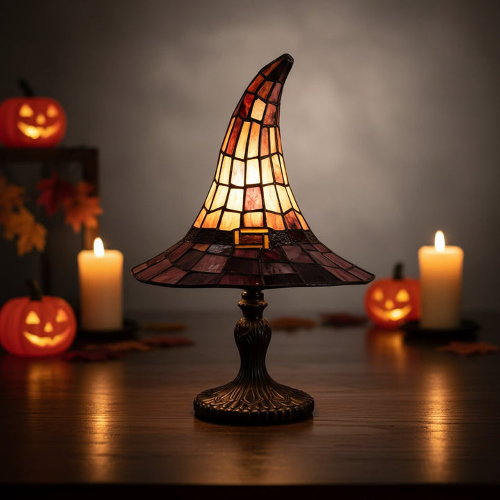 Halloween heksenhoed art-glass tafellamp met glas-in-loodkap en bronzen voet