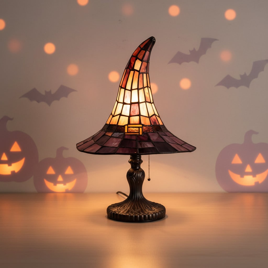 Halloween heksenhoed art-glass tafellamp met glas-in-loodkap en bronzen voet