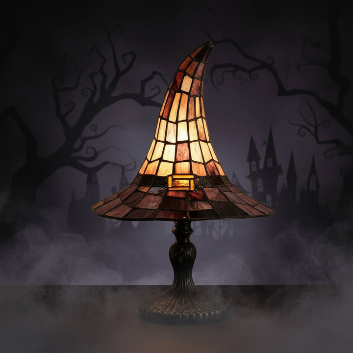 Halloween heksenhoed art-glass tafellamp met glas-in-loodkap en bronzen voet