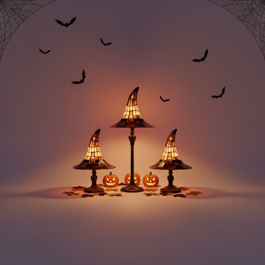 Halloween heksenhoed art-glass tafellamp met glas-in-loodkap en bronzen voet